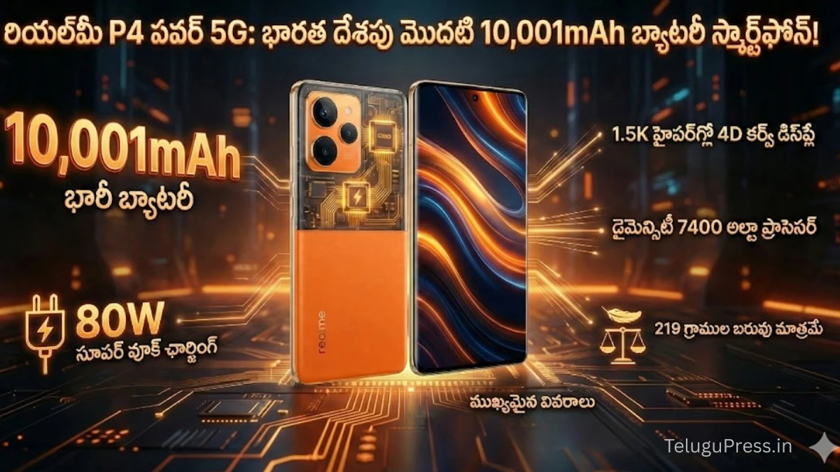 Realme P4 Power 5G infographic in Telugu showing 10001mAh battery, 80W charging, and transparent back design features.